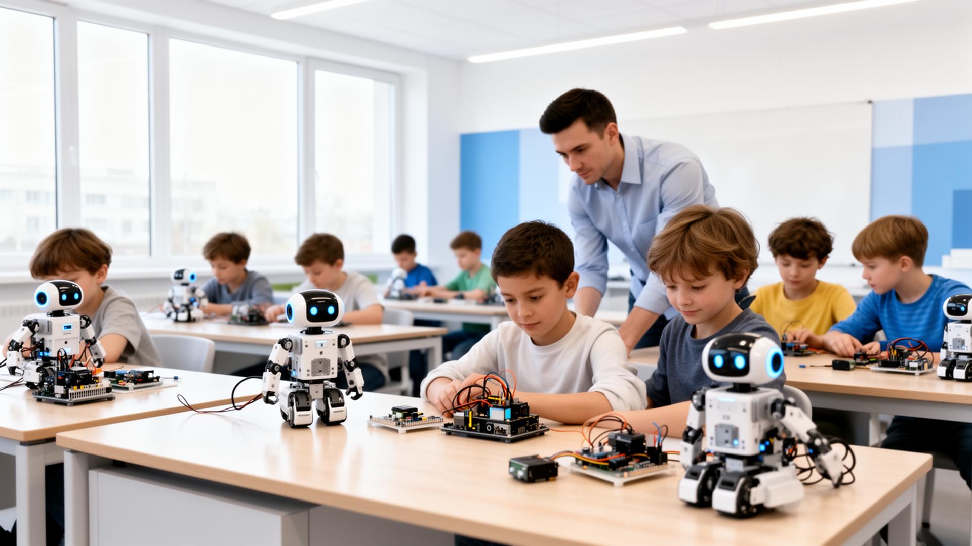 Students working with robots in a modern hub classroom