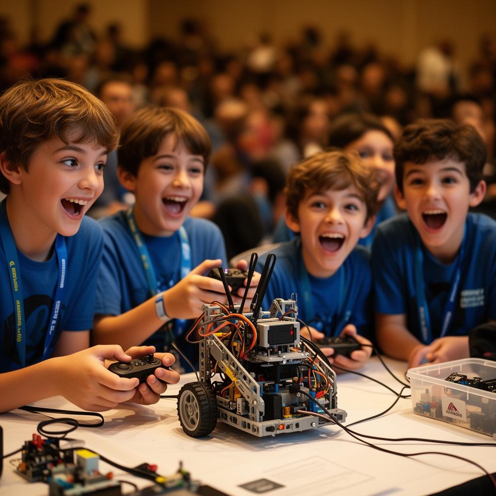 Students at a robotics competition with their robot