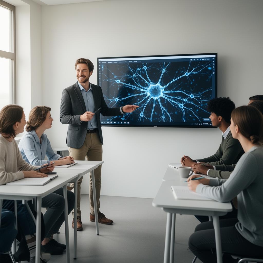 Instructor teaching AI on a large display