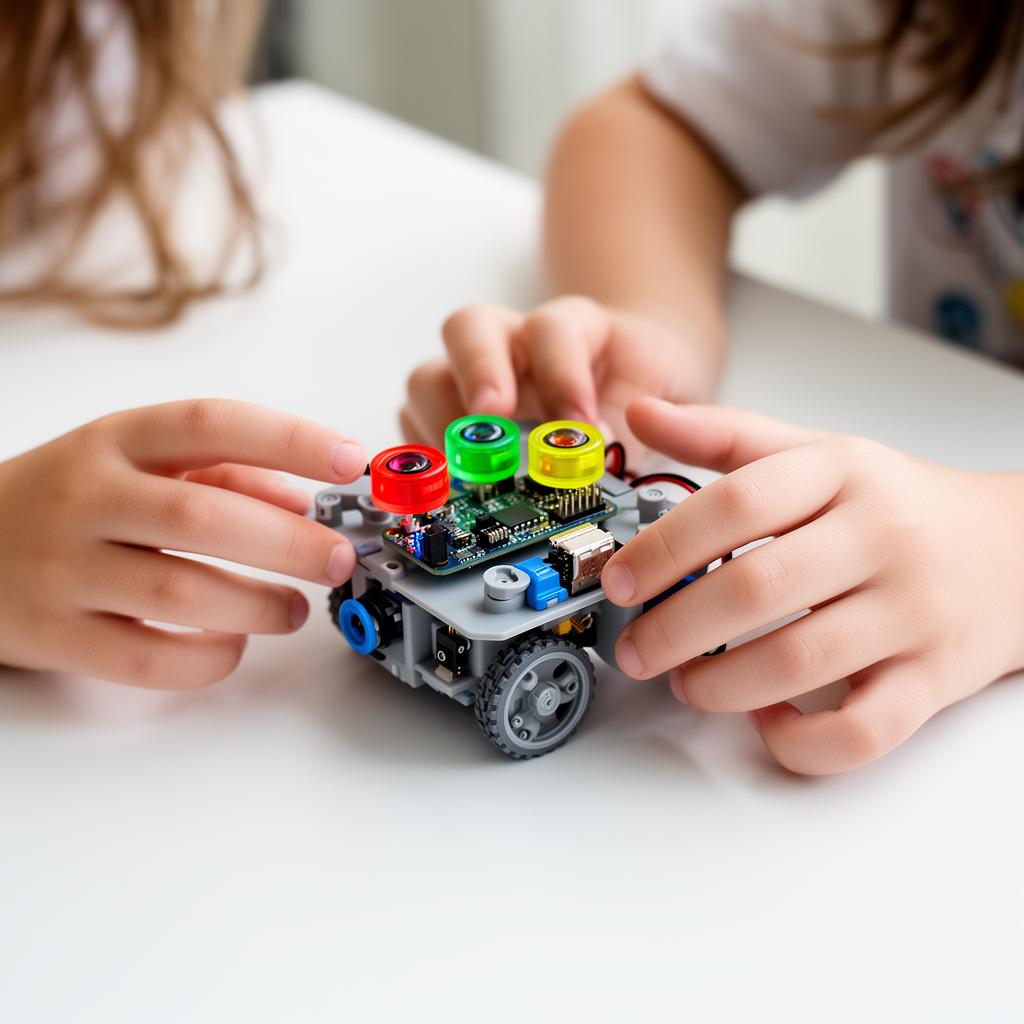 Children's hands assembling a small educational robot