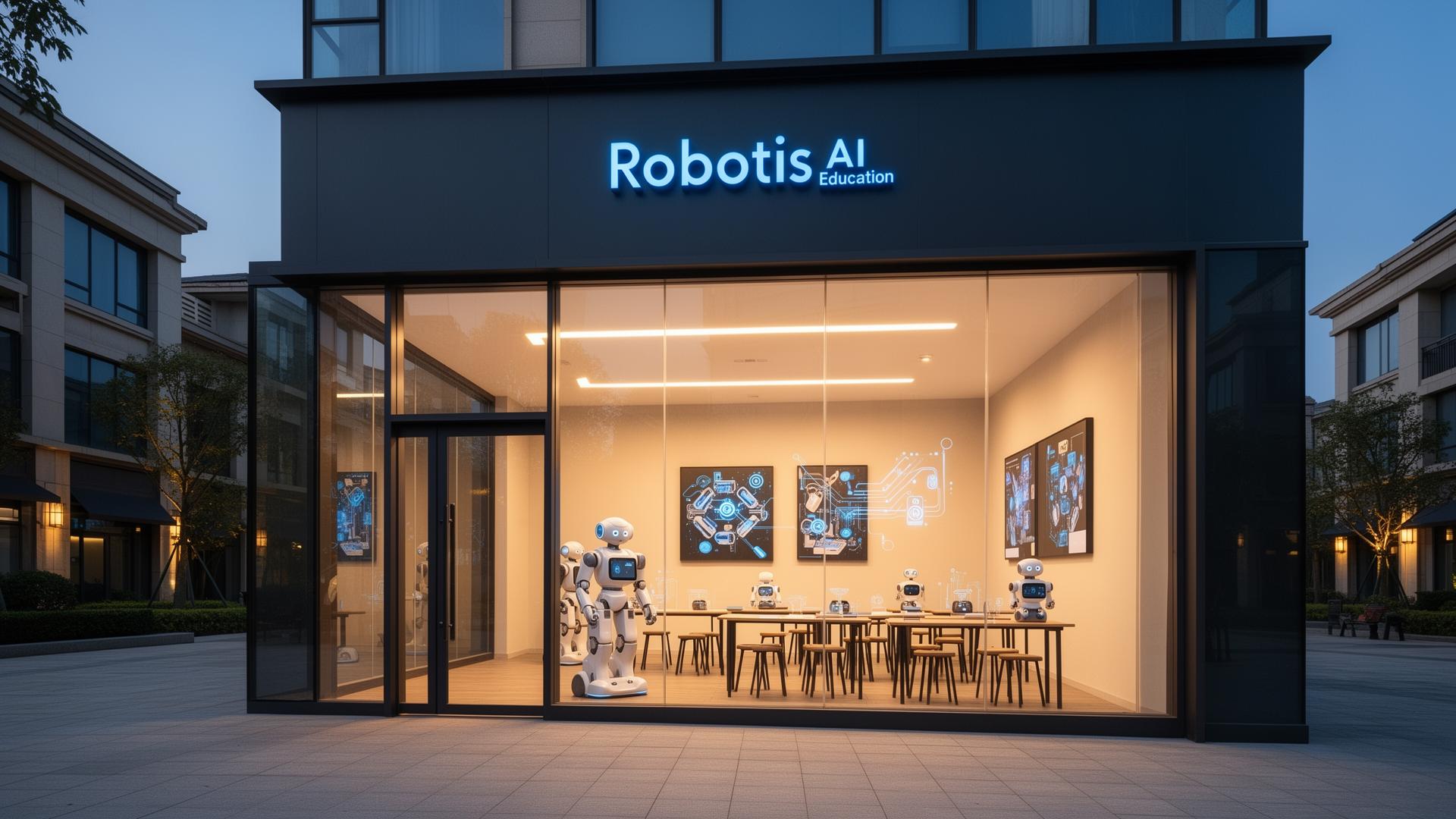 Modern robotics and AI hub storefront at dusk