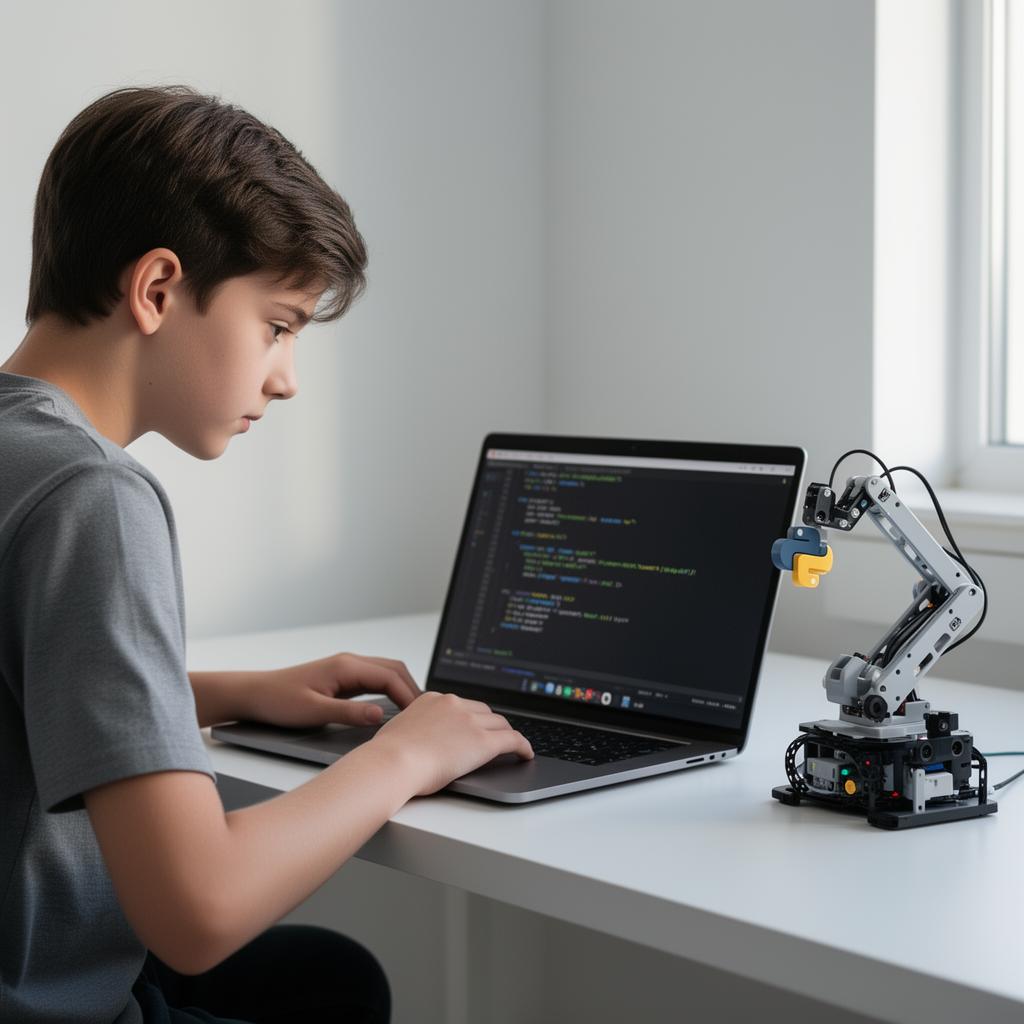 Student coding Python next to a robotic arm